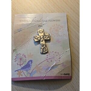 Vintage Ganz “Gather Friends Like Flowers”  Cross Flowers Pin Brooch  Silvertone